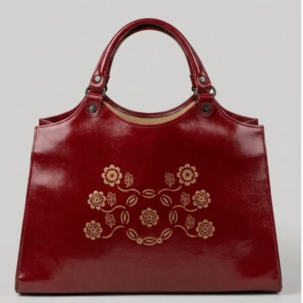 Vtg Burgundy Floral Etched Satchel Handbag Oxblood Bag Cottaecore Dark Academia